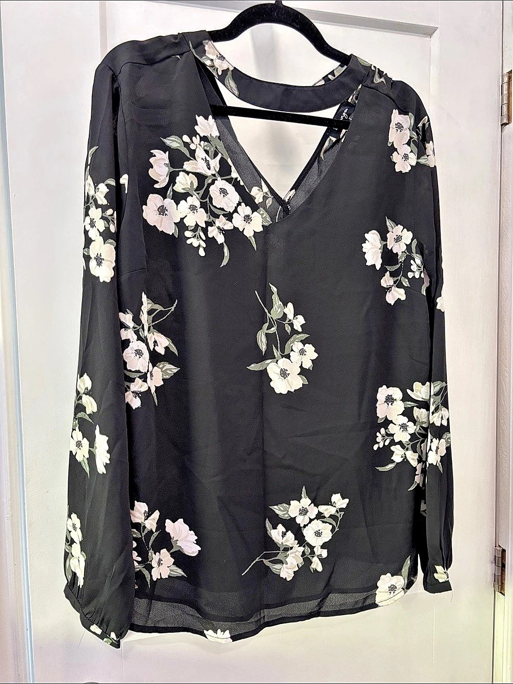 Lush Floral V-Neck Blouse in Black and Beige